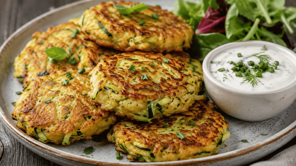 golden zucchini cakes served with creamy herb dip and fresh leafy greens for a crisp and savory meal