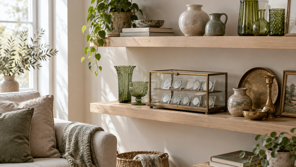 Natural light-filled living room with decorative shelves displaying ceramics and glassware, green plants nearby