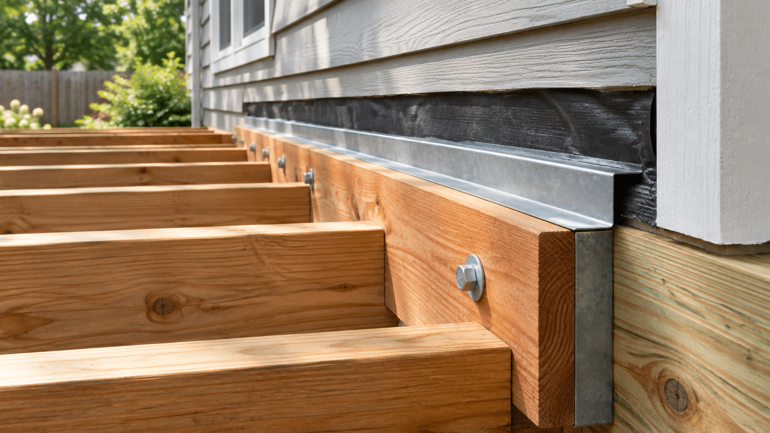 Wooden deck joists being installed against a house exterior on a sunny day