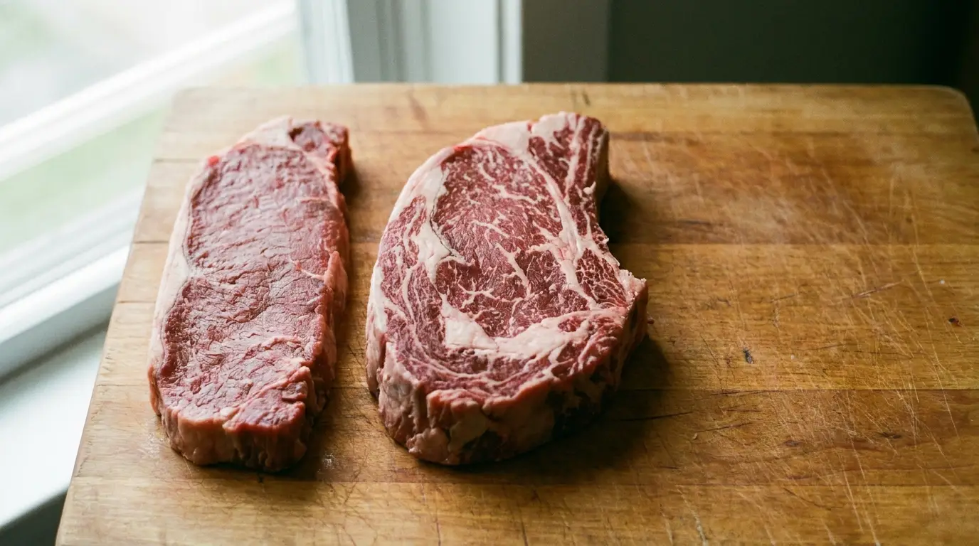 Two raw steaks on a wooden cutting board in natural light