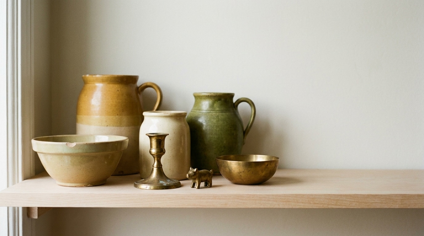 Ceramic jugs, brass candlestick, and bowl on wooden shelf against neutral wall